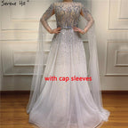 Vestidos de noche de lujo con cuello en A, mangas largas y apliques de cuentas, corte A, sexys, de Cerene Hill (LA60869)