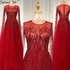 Vestidos de noche de lujo con cuello en A, mangas largas y apliques de cuentas, corte A, sexys, de Cerene Hill (LA60869)