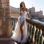 Boho Tull Wedding Dresses Off the Shoulder Lace Appliques A Line Beach Bridal Gown Sexy High Split Wedding Gowns-payinti