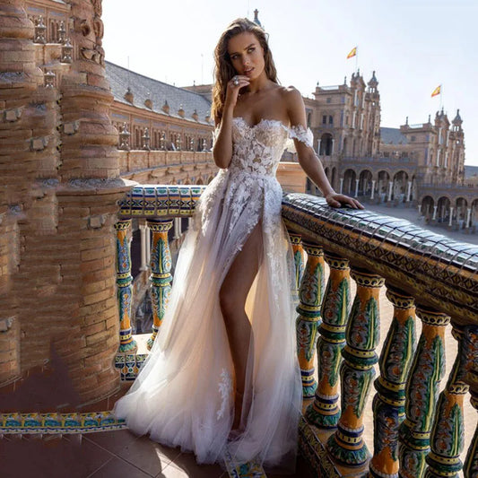 Boho Tull Wedding Dresses Off the Shoulder Lace Appliques A Line Beach Bridal Gown Sexy High Split Wedding Gowns-payinti