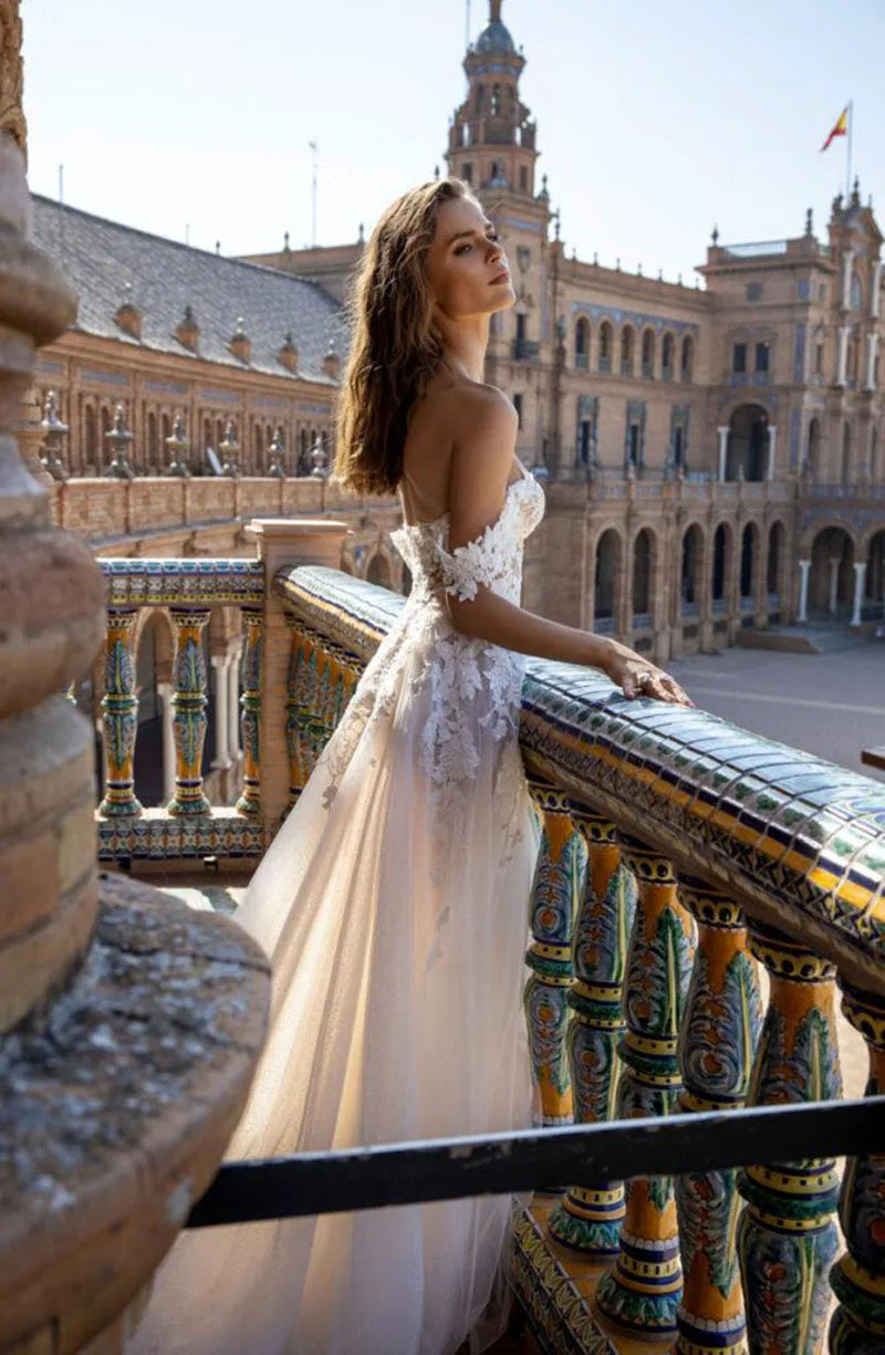 Boho Tull Wedding Dresses Off the Shoulder Lace Appliques A Line Beach Bridal Gown Sexy High Split Wedding Gowns-payinti