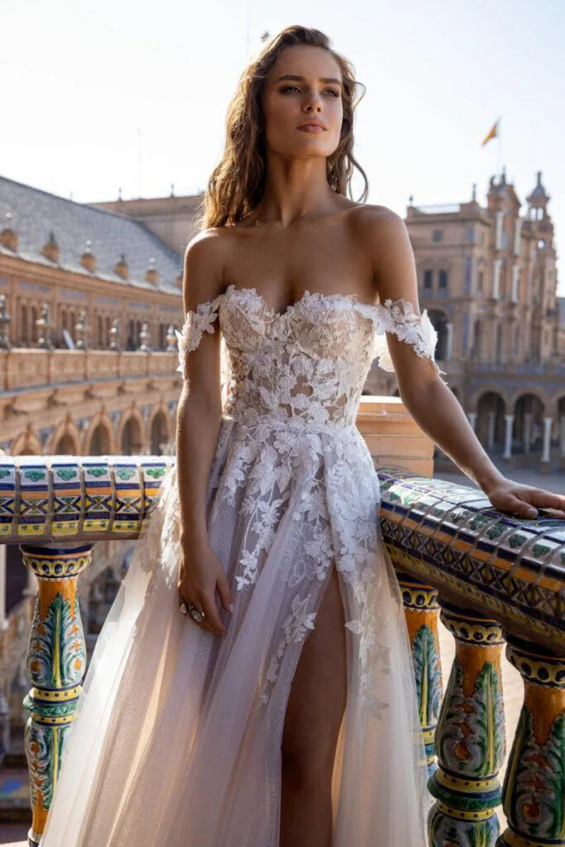 Boho Tull Wedding Dresses Off the Shoulder Lace Appliques A Line Beach Bridal Gown Sexy High Split Wedding Gowns-payinti