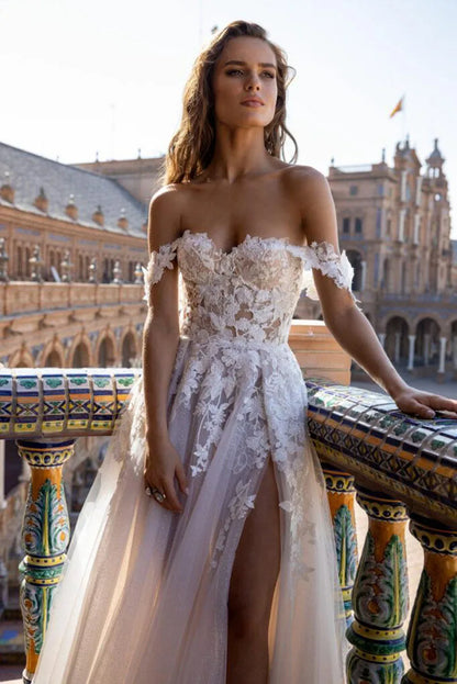 Boho Tull Wedding Dresses Off the Shoulder Lace Appliques A Line Beach Bridal Gown Sexy High Split Wedding Gowns-payinti