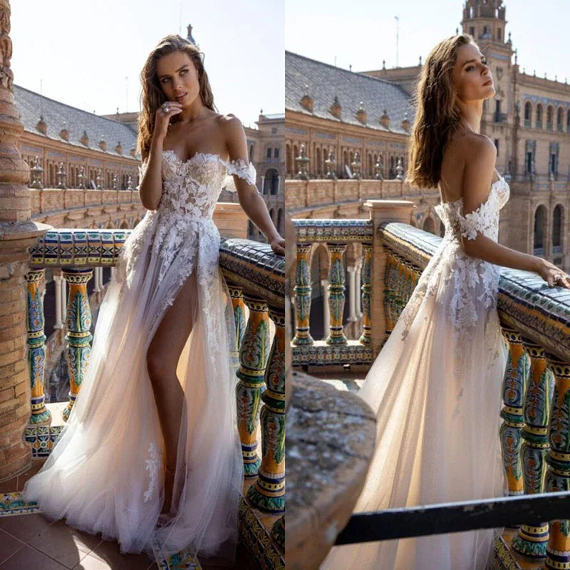 Boho Tull Wedding Dresses Off the Shoulder Lace Appliques A Line Beach Bridal Gown Sexy High Split Wedding Gowns-payinti