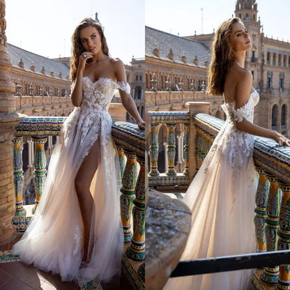 Boho Tull Wedding Dresses Off the Shoulder Lace Appliques A Line Beach Bridal Gown Sexy High Split Wedding Gowns-payinti