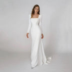 Elegant Satin Mermaid Wedding Dress Square Neck Long Sleeves Backless Party Bridal Dress Bride Dress Vestido De Noiva-payinti
