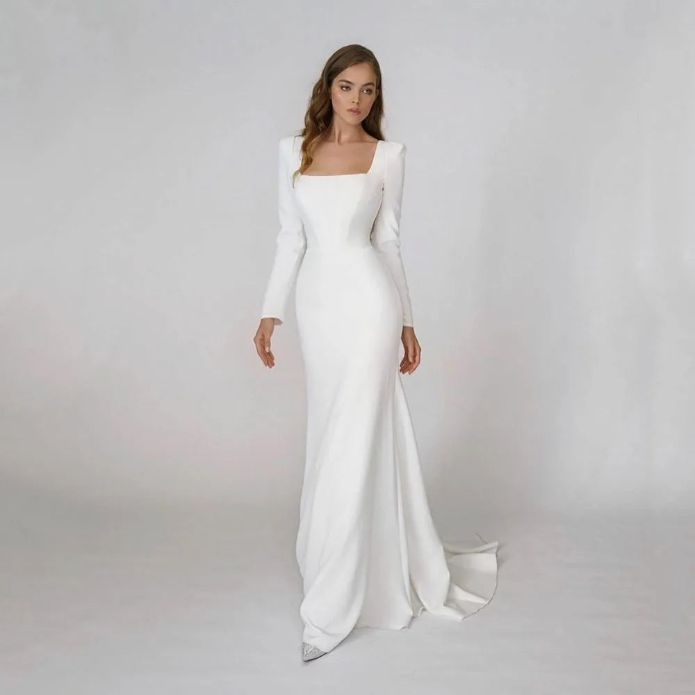 Elegant Satin Mermaid Wedding Dress Square Neck Long Sleeves Backless Party Bridal Dress Bride Dress Vestido De Noiva-payinti