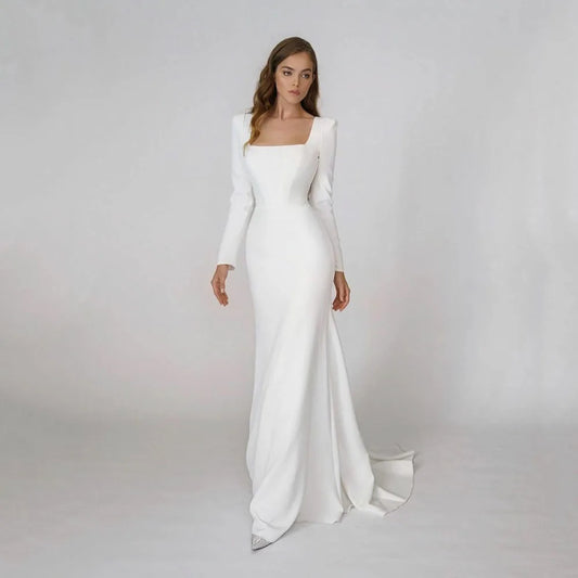 Elegant Satin Mermaid Wedding Dress Square Neck Long Sleeves Backless Party Bridal Dress Bride Dress Vestido De Noiva-payinti