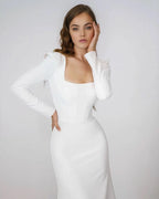 Elegant Satin Mermaid Wedding Dress Square Neck Long Sleeves Backless Party Bridal Dress Bride Dress Vestido De Noiva-payinti