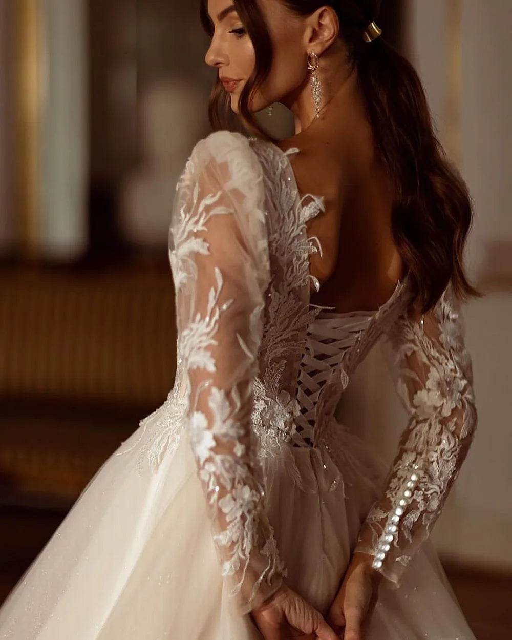 Glitter Champagne Wedding Dresses Long Sleeve Appliques Lace Modern Bridal Dress Tulle Bride Gown vestidos de novia-payinti