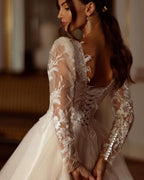 Glitter Champagne Wedding Dresses Long Sleeve Appliques Lace Modern Bridal Dress Tulle Bride Gown vestidos de novia-payinti