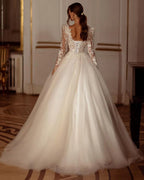 Glitter Champagne Wedding Dresses Long Sleeve Appliques Lace Modern Bridal Dress Tulle Bride Gown vestidos de novia-payinti