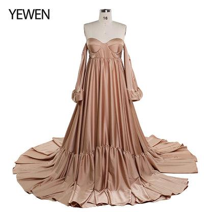 Soft Satin Long Shoulderless Pregnancy Woman Baby Shower Maternity Dresses Photoshoot Gown SY220701