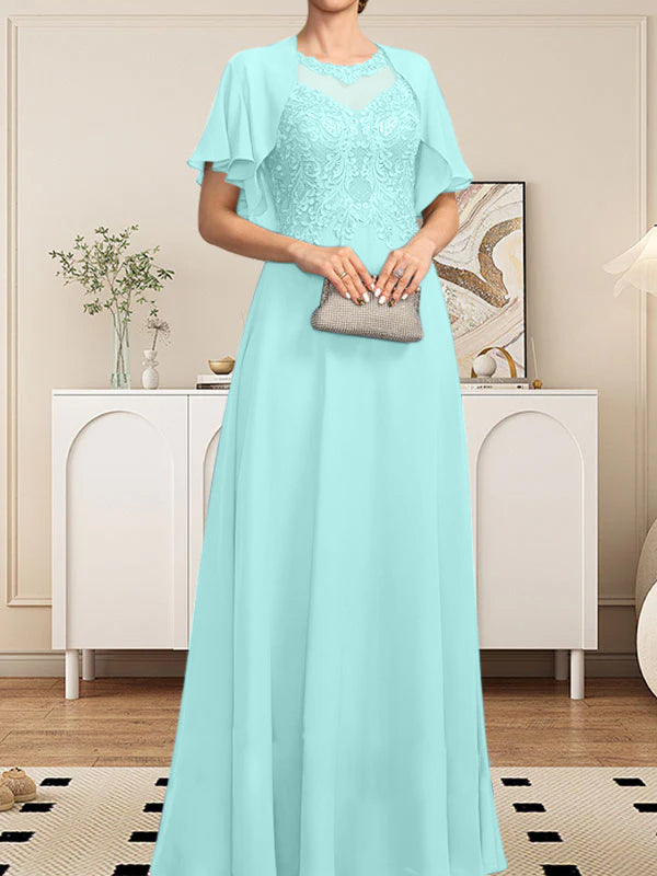 Vestido de gasa con encaje y lentejuelas para madre de la novia, corte A, escote ilusión, largo hasta el suelo