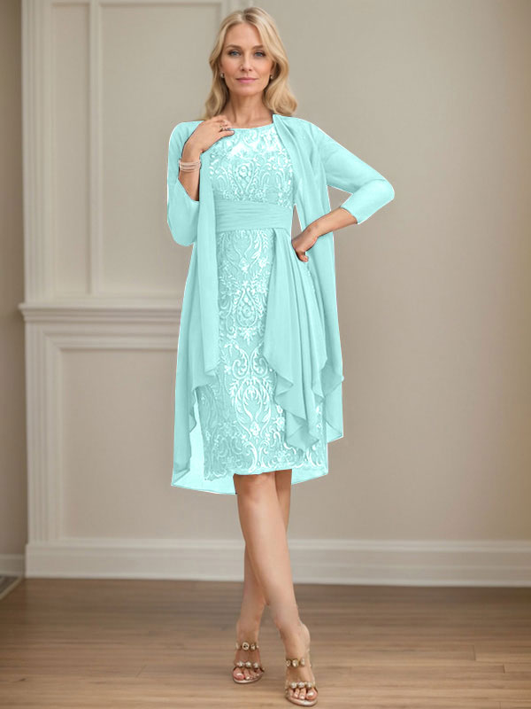 Vestido de madre de la novia de gasa con encaje, escote redondo, ilusión, largo hasta la rodilla, con volantes en cascada y lentejuelas