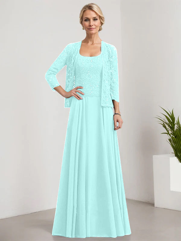 Vestido de madre de la novia de gasa con encaje, corte A, largo hasta el suelo, cuadrado y lentejuelas