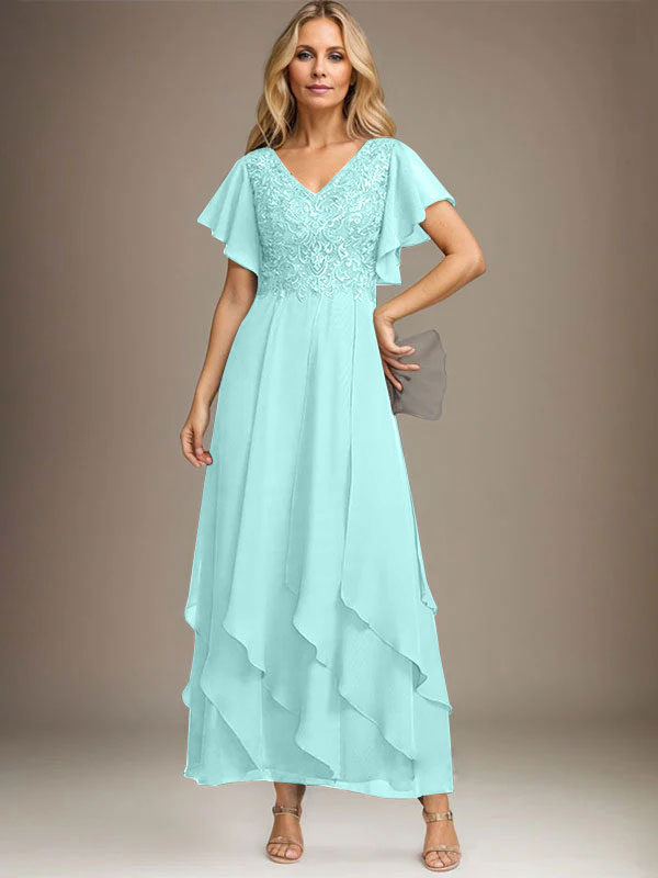 Vestido de gasa con encaje y escote en V hasta los tobillos para madre de la novia con volantes en cascada