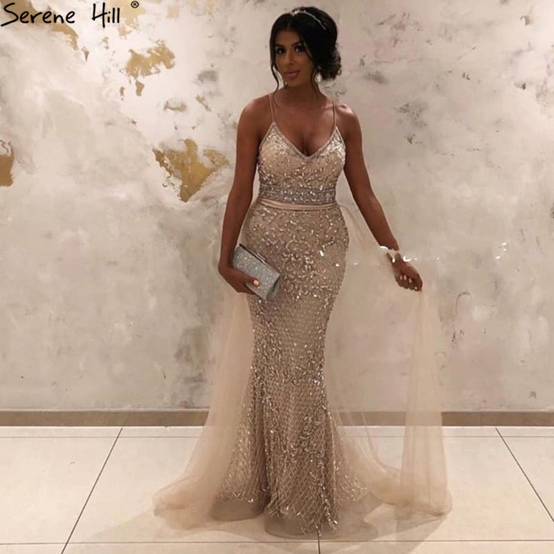 Spaghetti Strap Sexy Nude Silber Meerjungfrau Luxus Perlen Abendkleider Kleider Für Frau 2025 Formale Kleid LA70370 