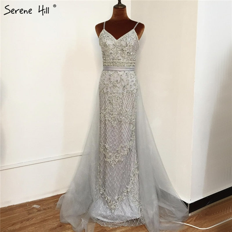 Spaghetti Strap Sexy Nude Silber Meerjungfrau Luxus Perlen Abendkleider Kleider Für Frau 2025 Formale Kleid LA70370 