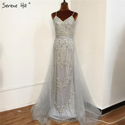 Spaghetti Strap Sexy Nude Silber Meerjungfrau Luxus Perlen Abendkleider Kleider Für Frau 2025 Formale Kleid LA70370 