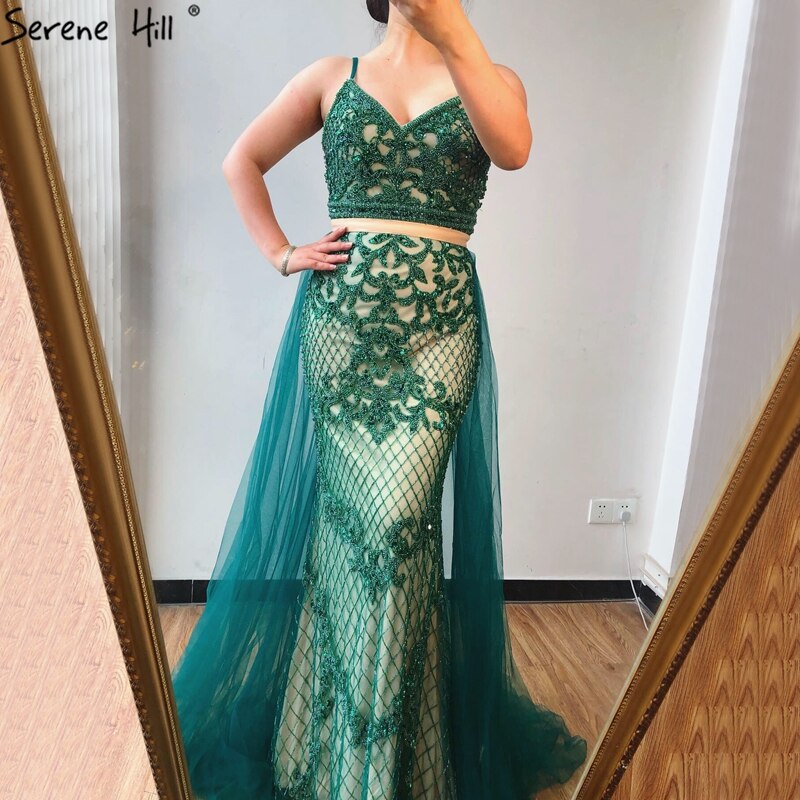 Spaghetti Strap Sexy Nude Silver Mermaid Luxury Beaded Evening Dresses Gowns For Woman 2025 Formal Dress LA70370
