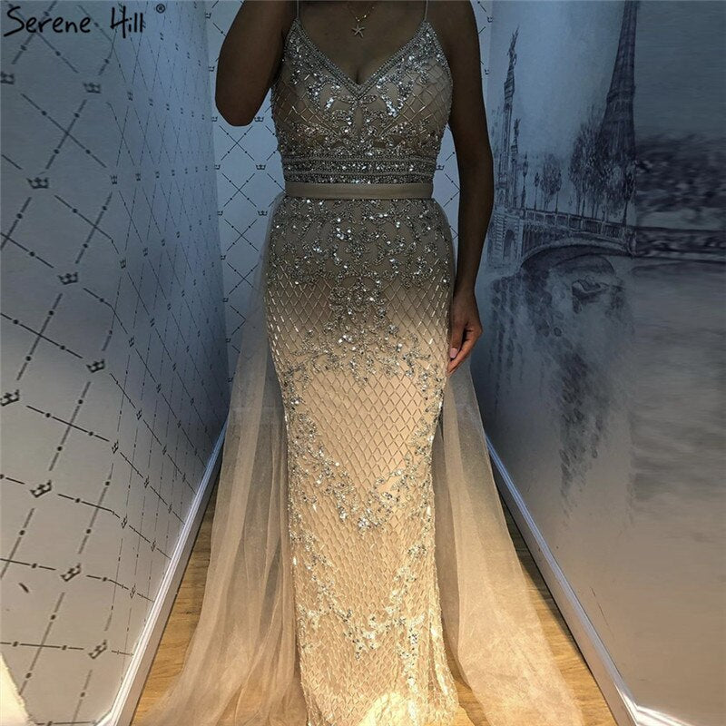 Spaghetti Strap Sexy Nude Silver Mermaid Luxury Beaded Evening Dresses Gowns For Woman 2025 Formal Dress LA70370