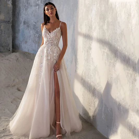 Spaghetti Strap Wedding Dress A-Line Sleeveless Side Slit Lace Appliques Backless Custom Made To Measures Robe De Mariee Beach-payinti