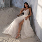 Spaghetti Strap Wedding Dress A-Line Sleeveless Side Slit Lace Appliques Backless Custom Made To Measures Robe De Mariee Beach-payinti