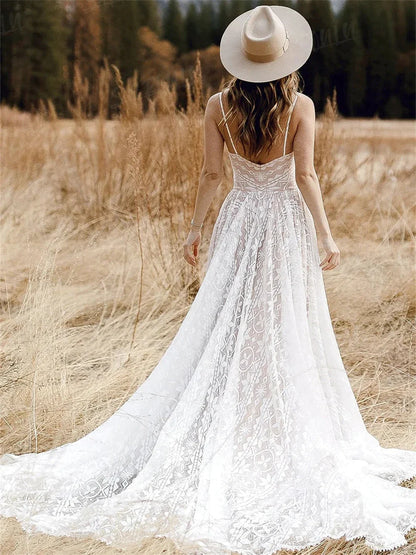 Straps Bohemian Wedding Dresses For Women Sleeveless V Neck A Line Beach Bride Dresses Romantic Boho Bridal Gown-payinti