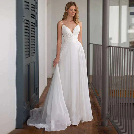 Spaghetti Straps V Neck Criss-Cross Wedding Dress Sweep Train Sleeveless Chiffon Bride Gown Robe De Mariée Beach Wedding Gown-payinti