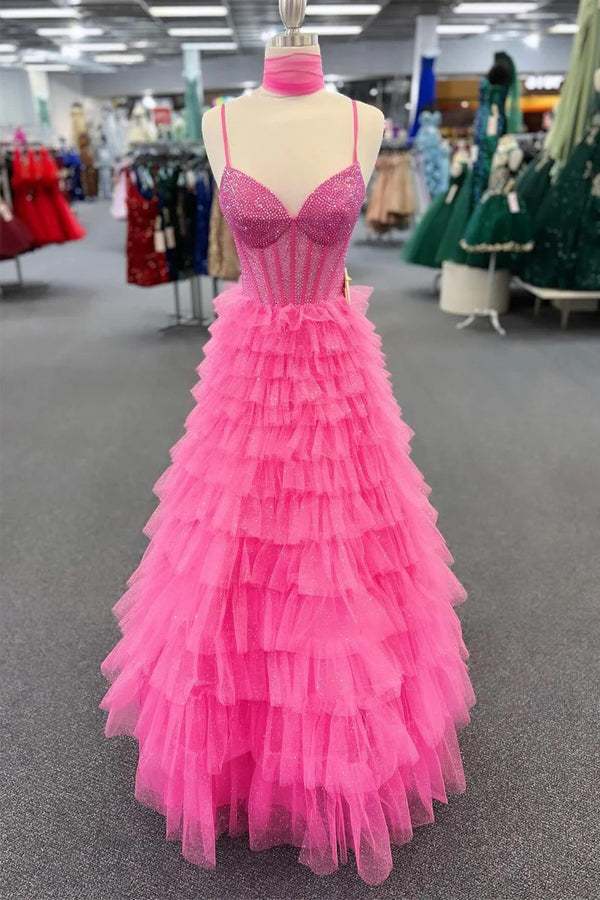 Vestido de fiesta largo rosa intenso con tirantes finos y cuentas en capas PSK578