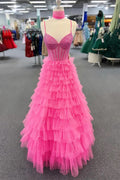 Vestido de fiesta largo rosa intenso con tirantes finos y cuentas en capas PSK578