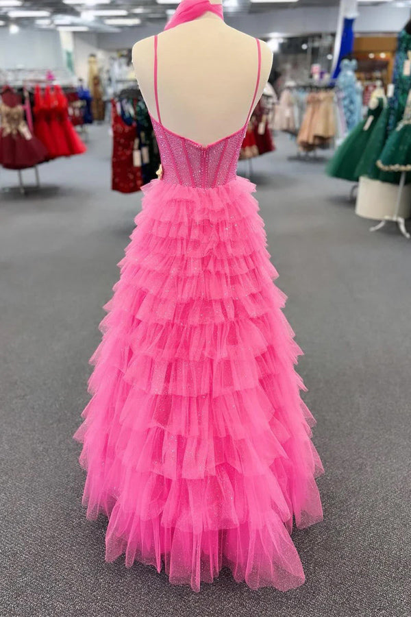 Vestido de fiesta largo rosa intenso con tirantes finos y cuentas en capas PSK578