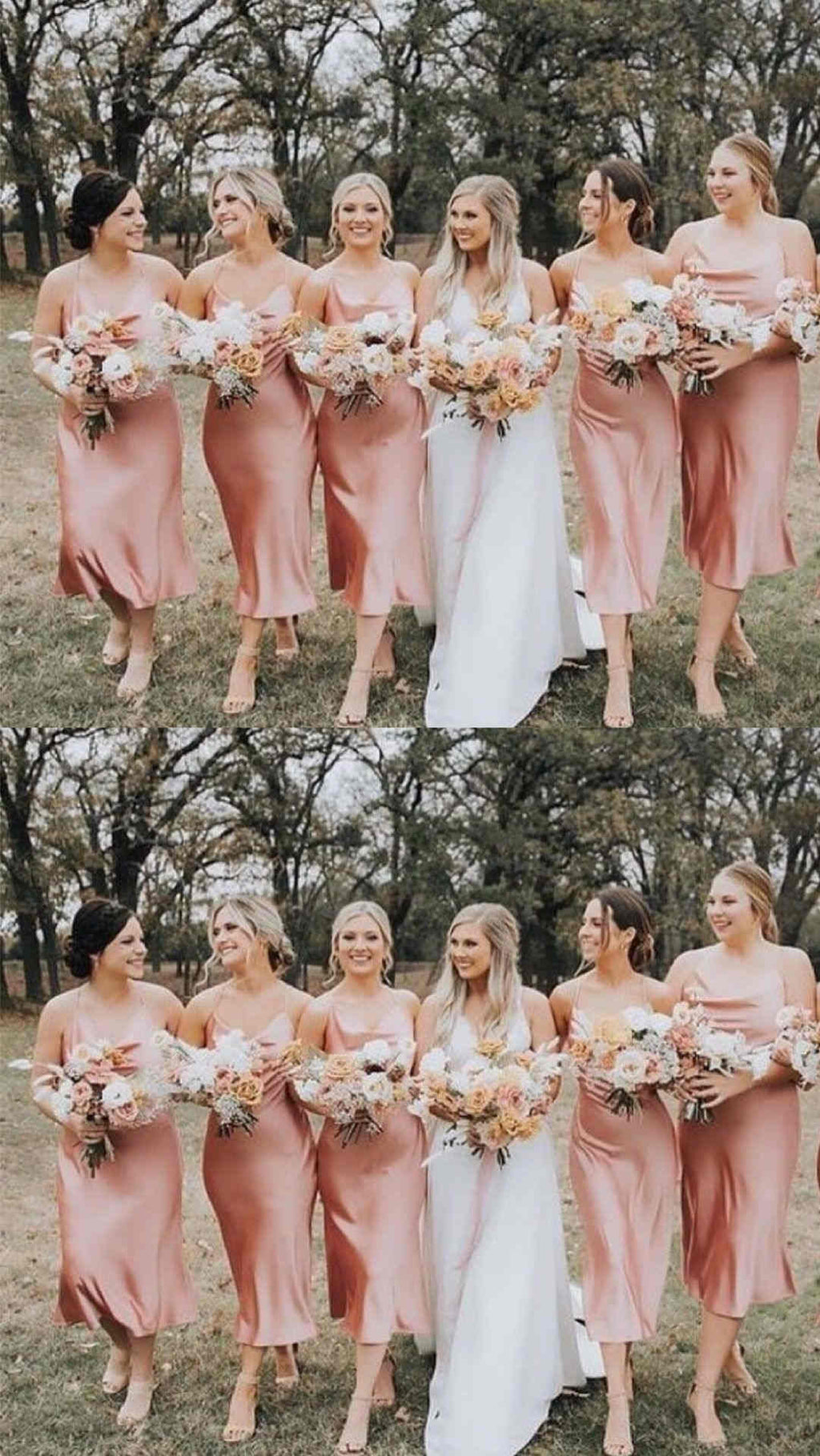 Vestido de dama de honor color champán con tirantes finos y largo hasta la rodilla SCB28