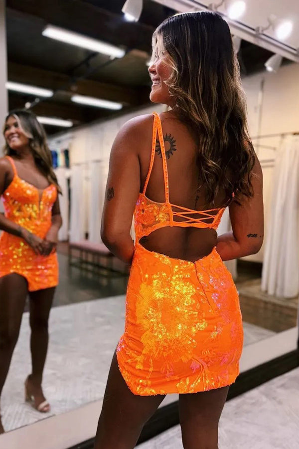Vestido naranja ajustado con tirantes finos para fiesta de bienvenida, vestido corto de graduación PD525