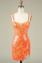 Vestido naranja ajustado con tirantes finos para fiesta de bienvenida, vestido corto de graduación PD525