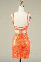 Vestido naranja ajustado con tirantes finos para fiesta de bienvenida, vestido corto de graduación PD525