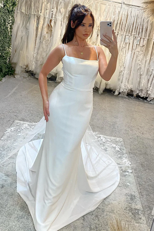 Spaghettiträger Spitze Strand Meerjungfrau Hofschleppe Brautkleid WD648
