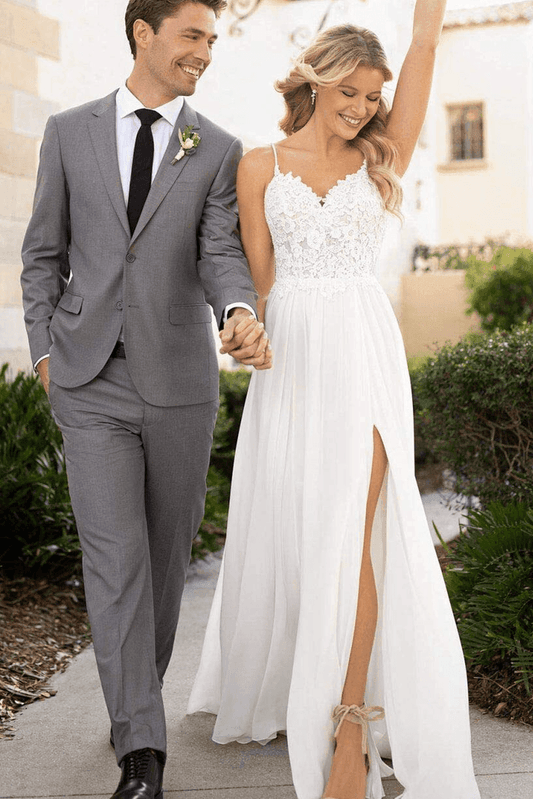Spaghettiträger Spitze Schlitz Chiffon Lange Strand Brautkleider WD576