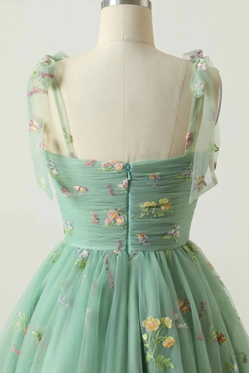 Vestidos de fiesta cortos de tul con tirantes finos, sin mangas, corte A, florales, PD485