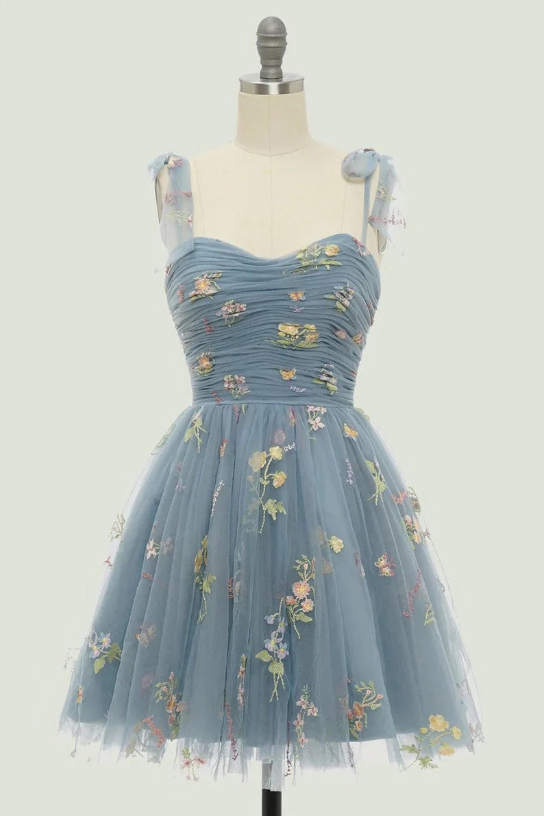 Vestidos de fiesta cortos de tul con tirantes finos, sin mangas, corte A, florales, PD485