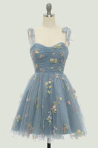 Vestidos de fiesta cortos de tul con tirantes finos, sin mangas, corte A, florales, PD485