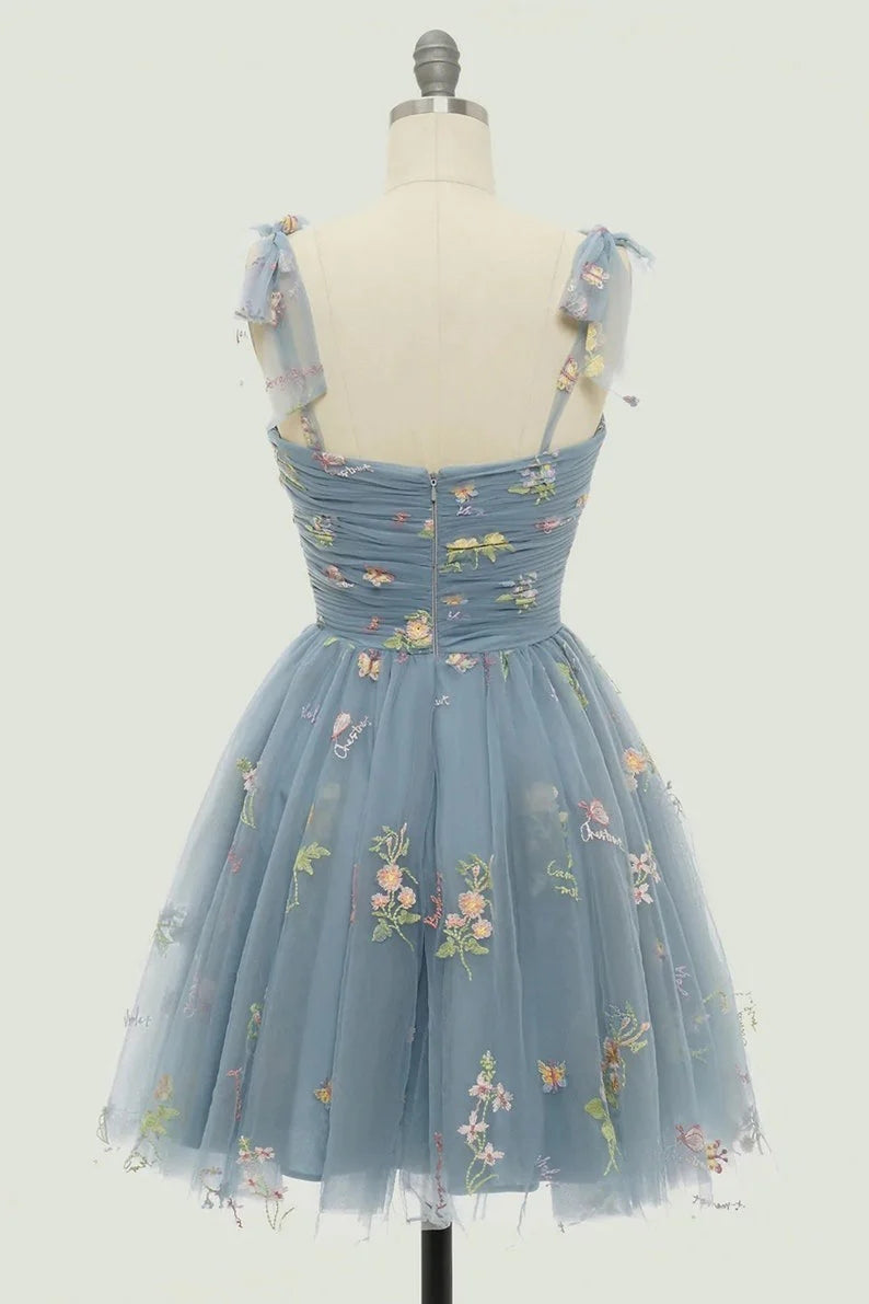Vestidos de fiesta cortos de tul con tirantes finos, sin mangas, corte A, florales, PD485