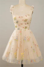 Vestidos de fiesta cortos de tul con tirantes finos, sin mangas, corte A, florales, PD485