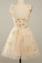 Vestidos de fiesta cortos de tul con tirantes finos, sin mangas, corte A, florales, PD485