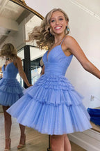 Vestido mini de tul con escote en V y tirantes finos, corte A, para fiesta de bienvenida PD488