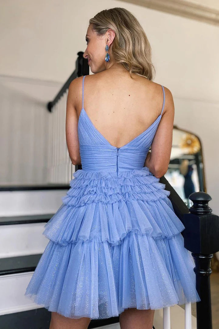 Vestido mini de tul con escote en V y tirantes finos, corte A, para fiesta de bienvenida PD488