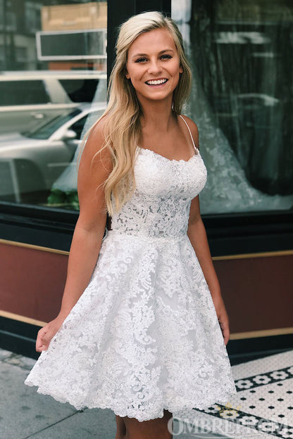 Vestidos de fiesta cortos de encaje con tirantes finos y espalda descubierta para el regreso a casa 