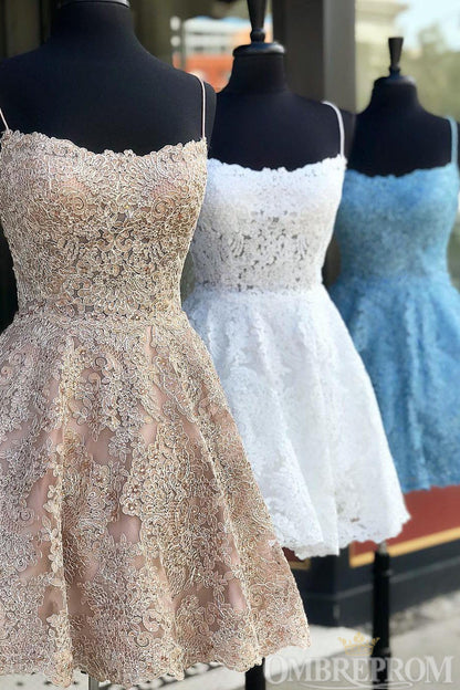 Vestidos de fiesta cortos de encaje con tirantes finos y espalda descubierta para el regreso a casa 