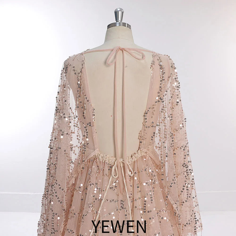 Sparkle See Through Long Sleeves Bohemian Dress for Photo Shoot Maternity Gown for Baby Showers Plus Size Sunnderly SY231034
